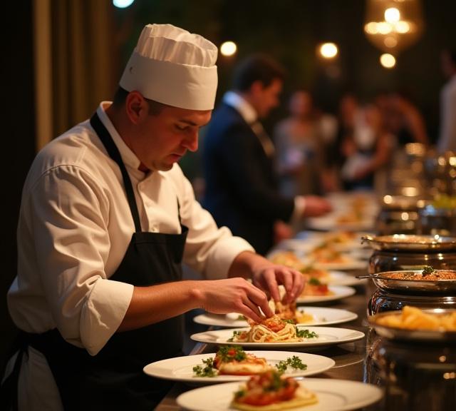 A professional chef serving guests at a live cooking station during an elegant corporate event.