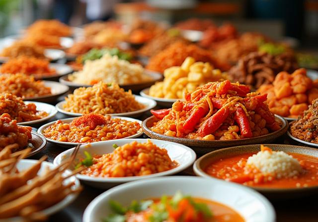 A vibrant spread of Singaporean street food dishes like satay and laksa.