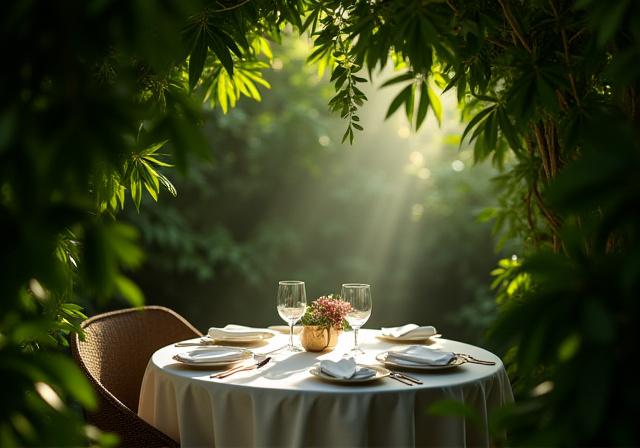 An intimate and elegant dining setup for two under a canopy of lush green leaves.