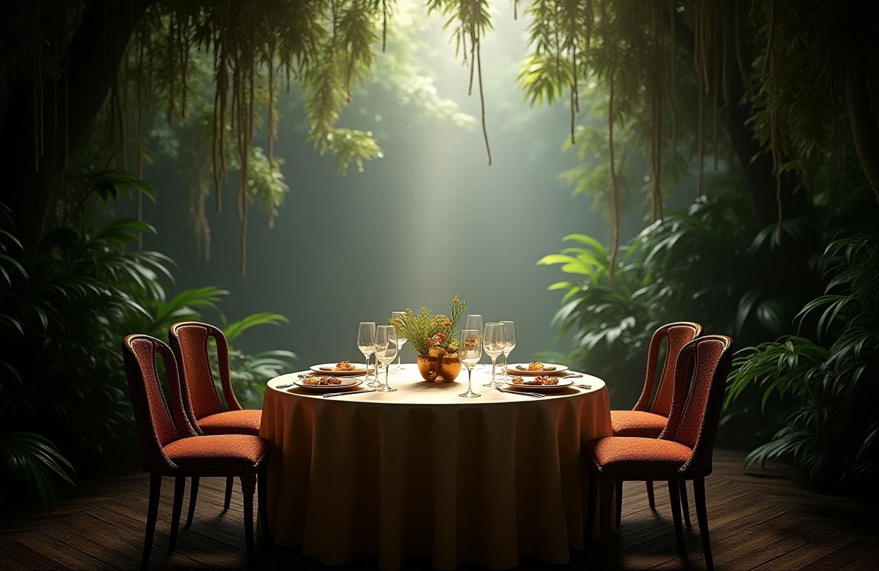 An elegant dining table set within a lush, green conservatory, representing a rainforest dining experience.