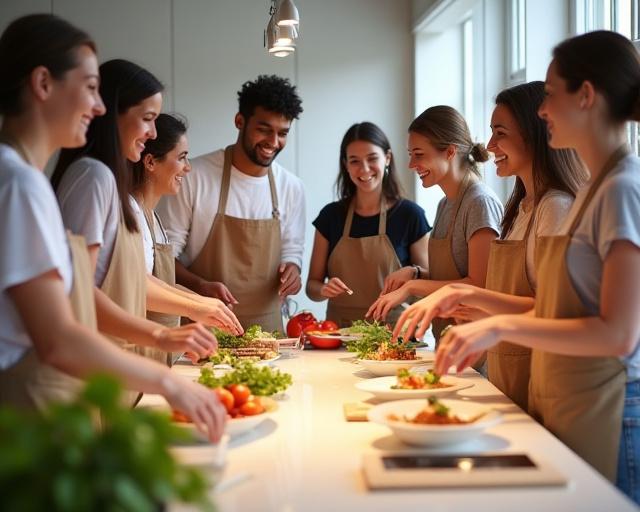 A group of smiling people participating in a cooking workshop, gathered around a kitchen island.